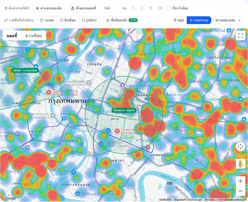 Heatmap บนแผนที่ สีเข้มแสดงบริเวณที่มีทรัพย์ขายทอดตลาดหนาแน่น