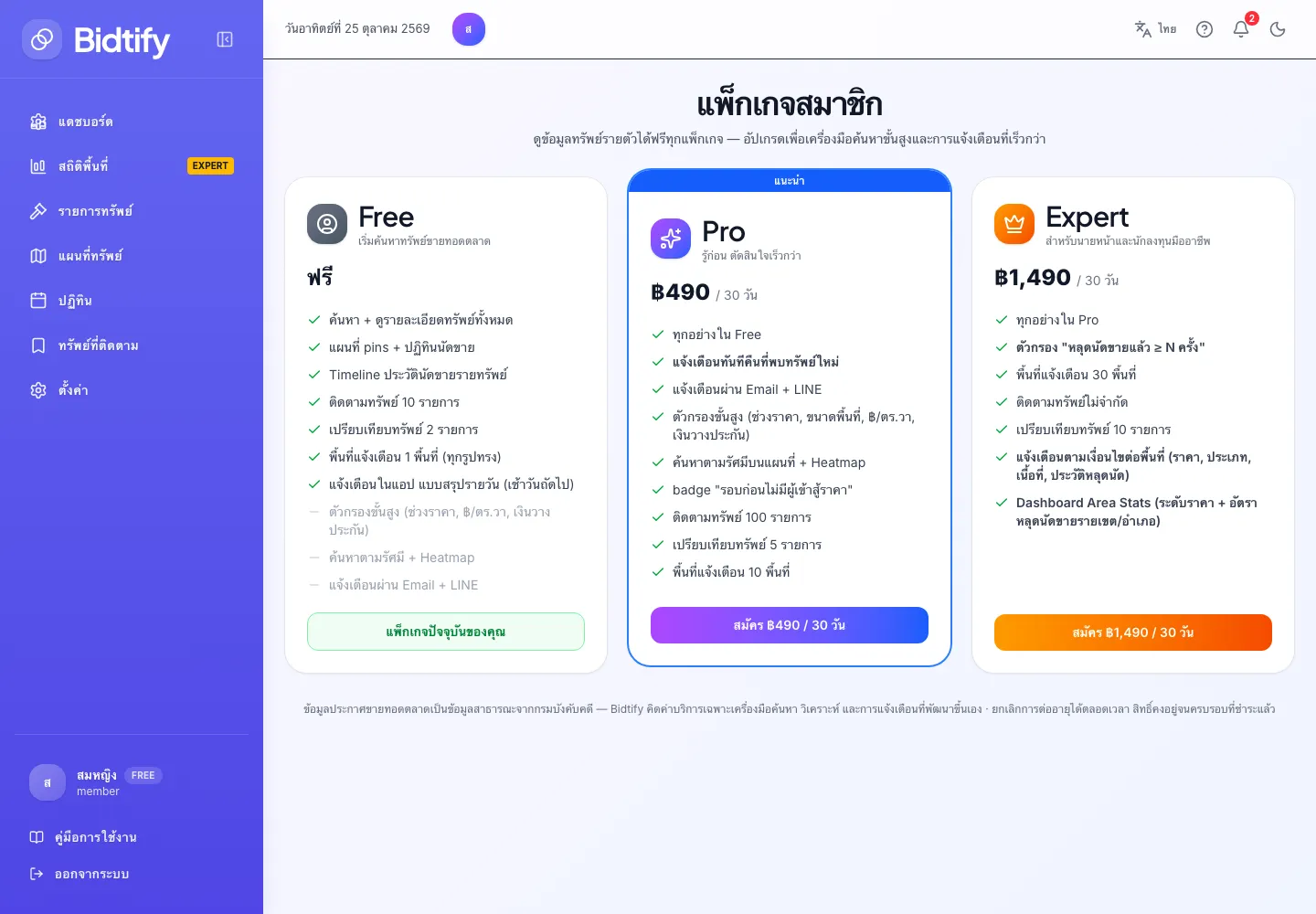 หน้าแพ็กเกจสมาชิกแสดงการ์ด Free, Pro และ Expert พร้อมราคาต่อ 30 วันและรายการฟีเจอร์